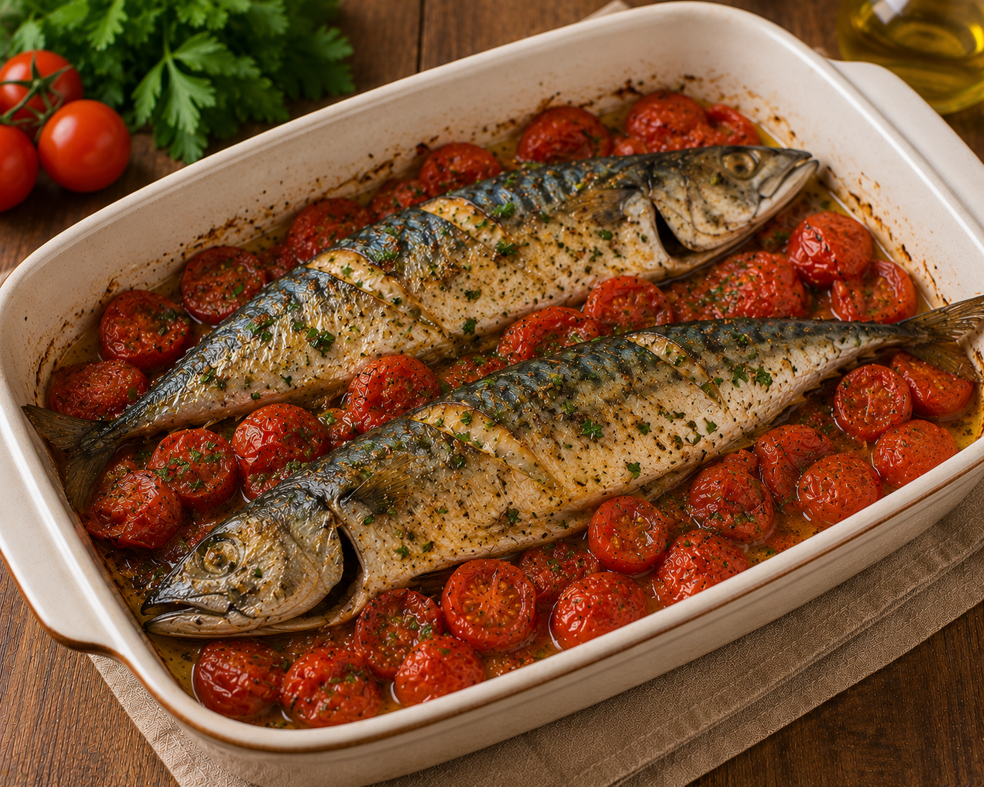Sgombro al forno con pomodorini