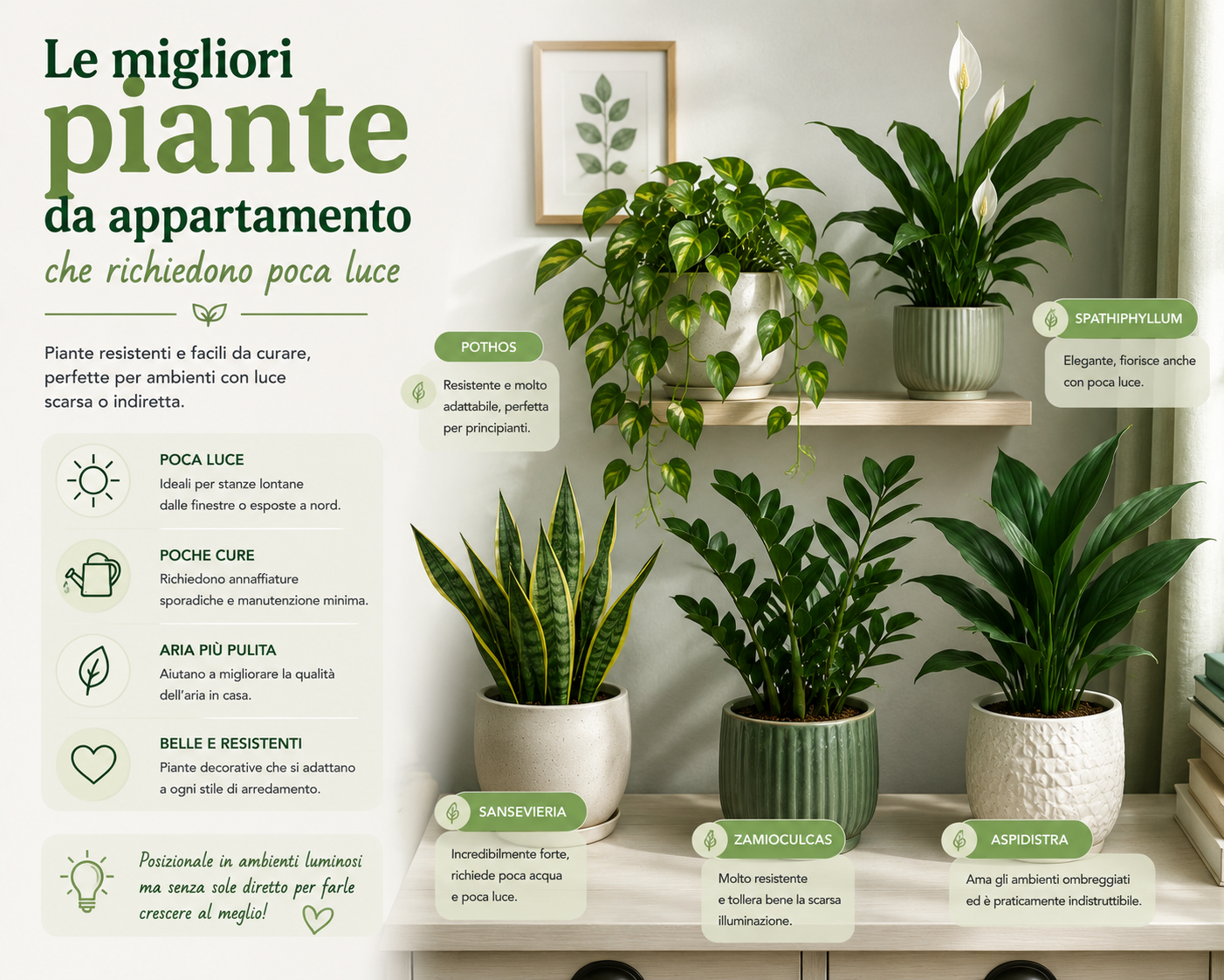 Le migliori piante da appartamento che richiedono poca luce