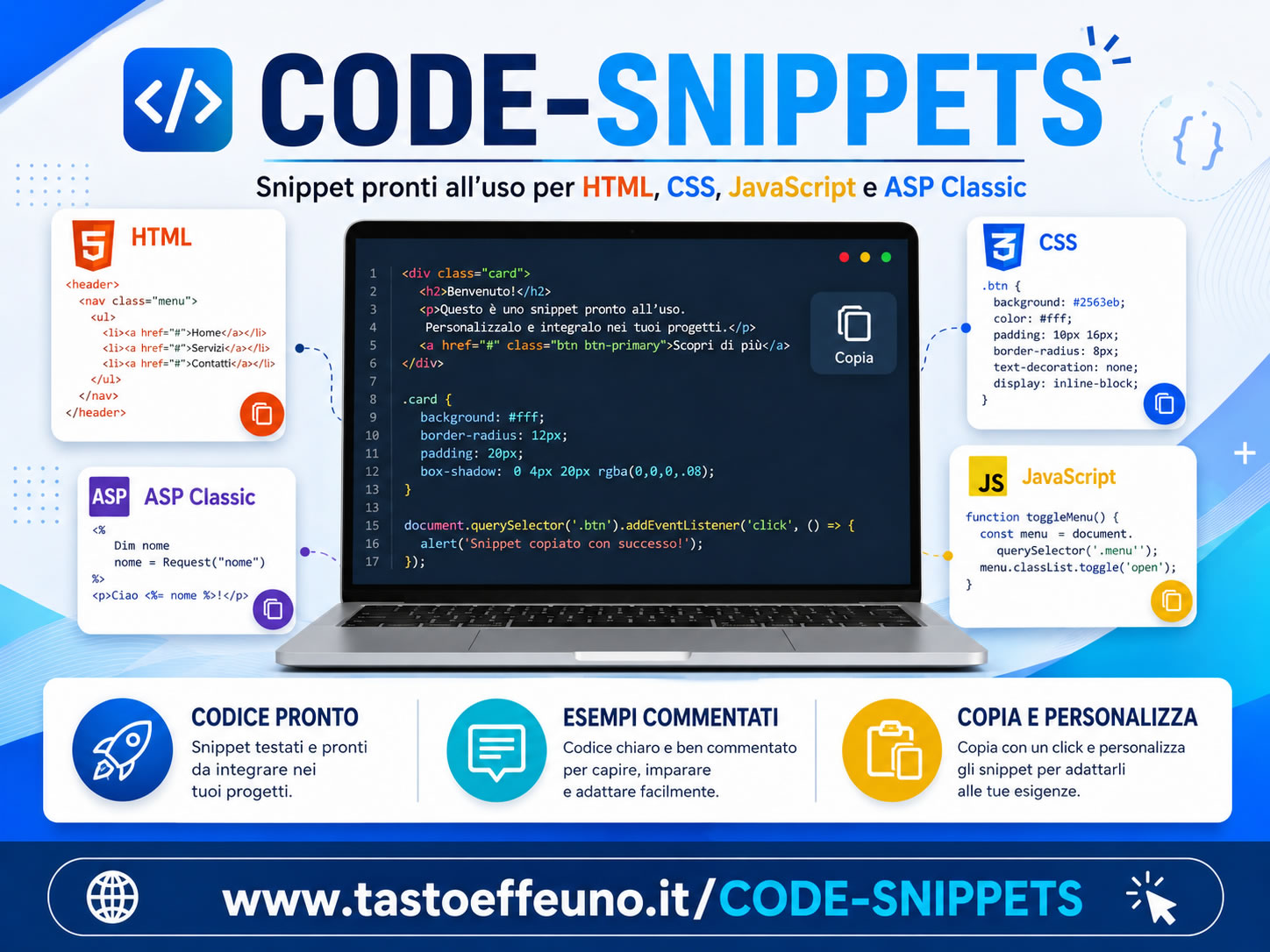 Sezione sito con esempi di codice HTML5, CSS3, JSCRIPT, ASP da scaricare e personalizzare